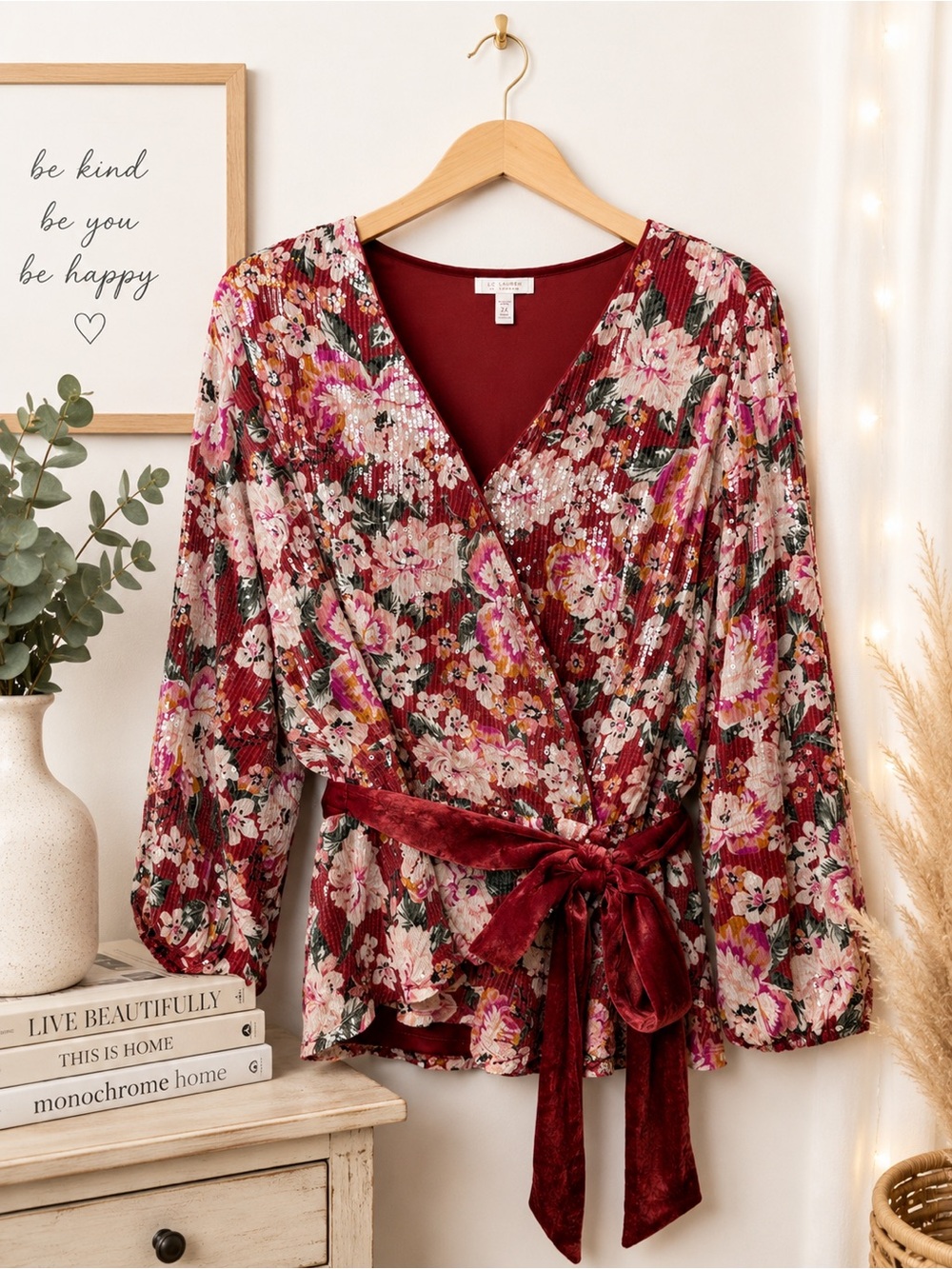LC Lauren Conrad Burgundy Floral Wrap Blouse